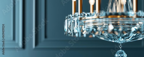Elegant crystal chandelier against a sophisticated blue wall, showcasing exquisite design and luxurious interior decor.