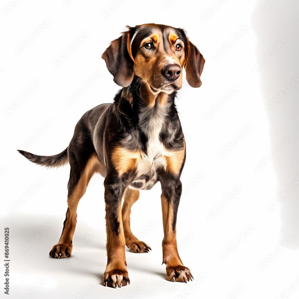 Smaland hound dog breed standing against white background, AI Generated Smaland hound dog breed standing against white background, AI Generated