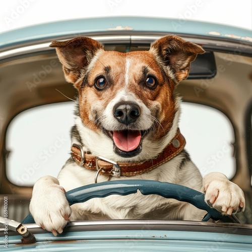 A dog is sitting in the driver's seat of a car © rattapornkul