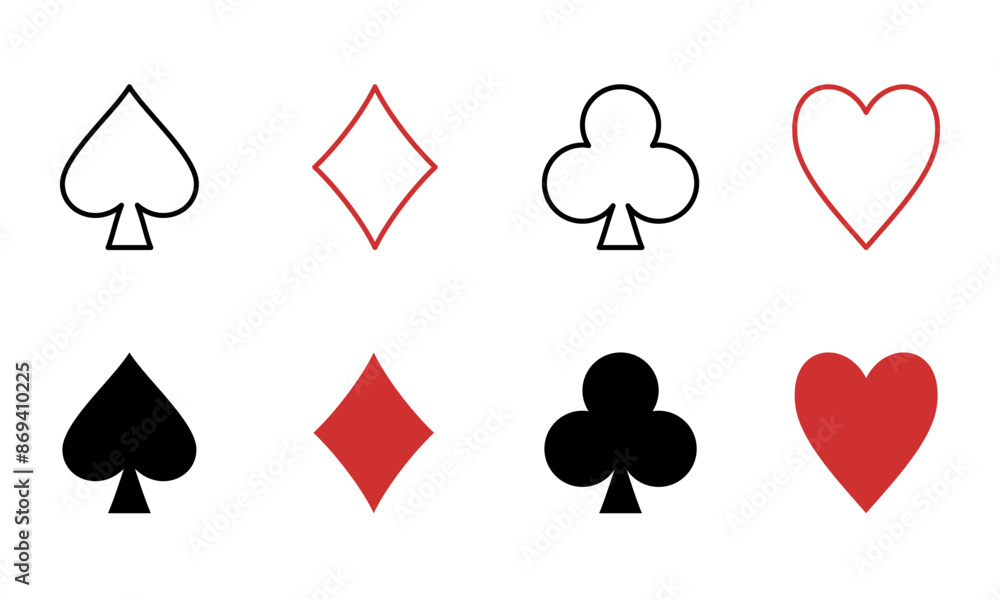 © Irene - Vector playing cards line and solid signs. Editable stroke set. Suit playing card symbols. Black and red elements on a white background © Irene - Vector playing cards line and solid signs. Editable stroke set. Suit playing card symbols. Black and red elements on a white background