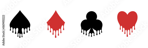 Vector playing cards Halloween solid signs with dripping paint. Suit playing card symbols set. Black and red elements on a white background.