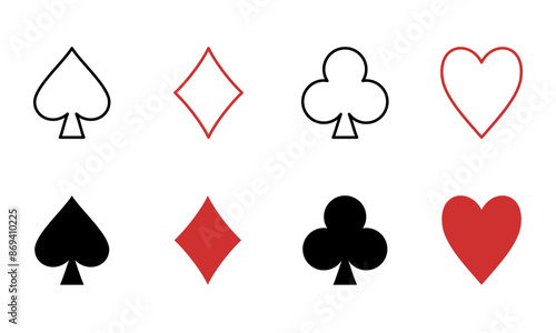 Vector playing cards line and solid signs. Editable stroke set. Suit playing card symbols. Black and red elements on a white background