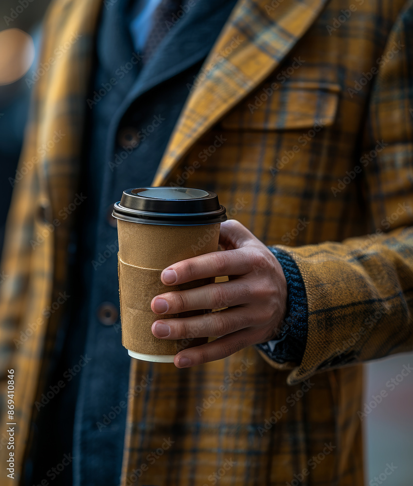 A man in a plaid jacket holding a coffee cup A man in a plaid jacket holding a coffee cup