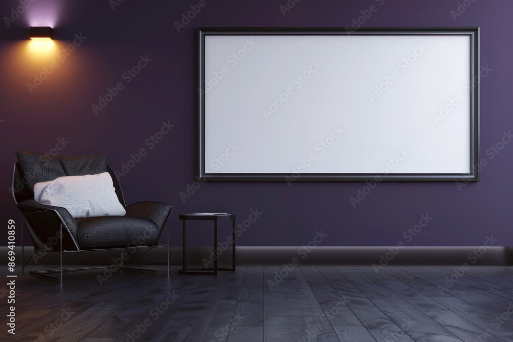 A contemporary living room with a dark purple accent wall, a single large empty frame above a sleek black armchair, softly lit. A contemporary living room with a dark purple accent wall, a single large empty frame above a sleek black armchair, softly lit.