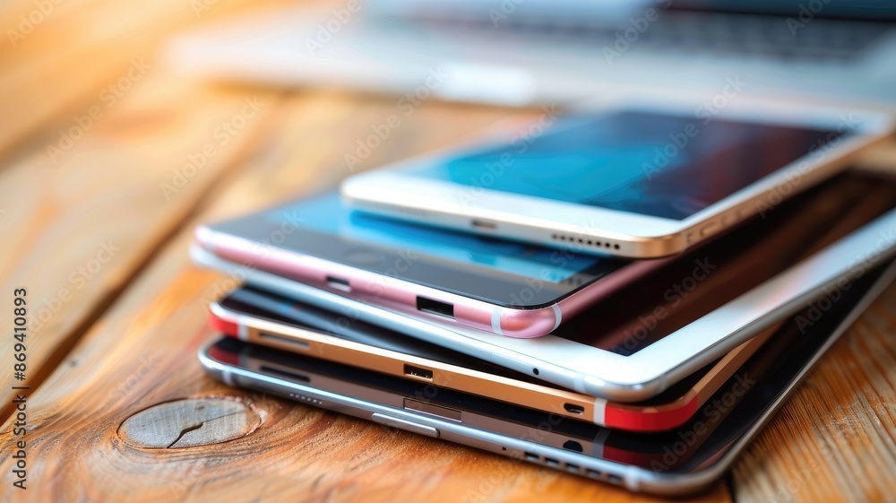 Stack of various smartphones on wooden surface Stack of various smartphones on wooden surface