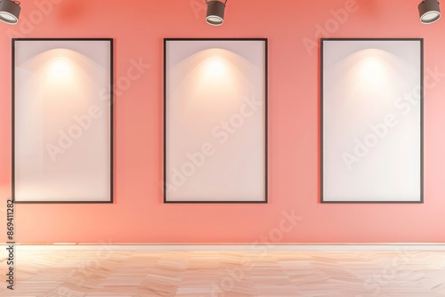 A contemporary living area with a pastel coral wall, displaying three empty frames in a triangular alignment, each under its own spotlight. © Naveed