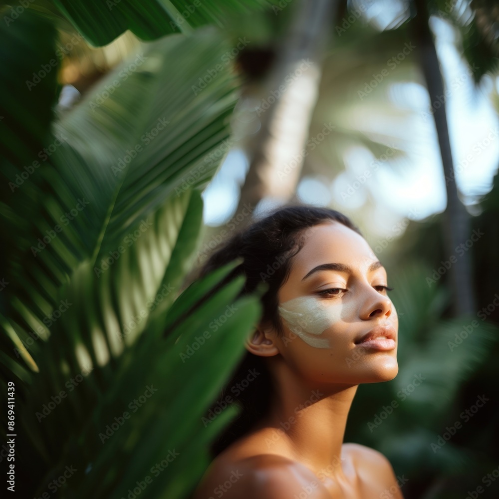 close up side profile photo of a hispanic woman face with subtle pastel green face mask cream. close up side profile photo of a hispanic woman face with subtle pastel green face mask cream.
