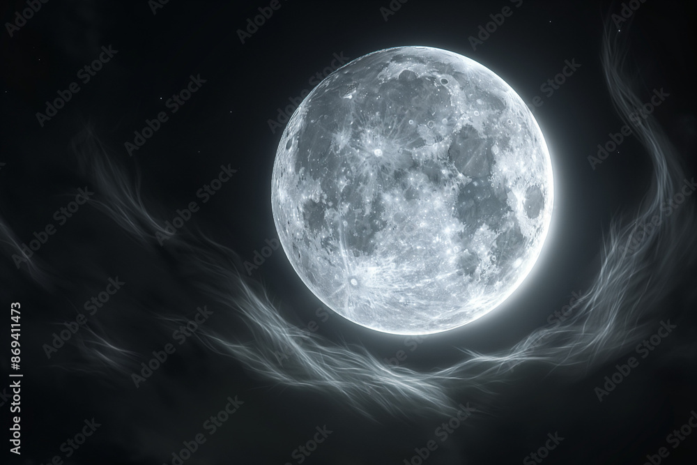 An awe-inspiring scenery featuring a white glowing moon with prominent craters, set against a deep black sky adorned with wispy clouds at night An awe-inspiring scenery featuring a white glowing moon with prominent craters, set against a deep black sky adorned with wispy clouds at night