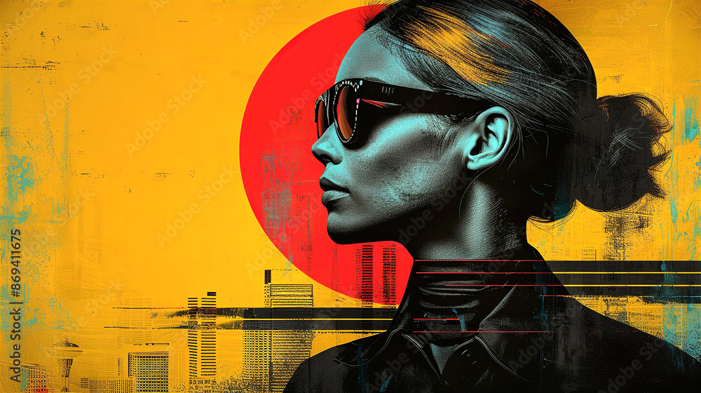 Beautiful young woman model with sunglasses posing at vibrant colours abstract background, modern vibe, fashion concept Beautiful young woman model with sunglasses posing at vibrant colours abstract background, modern vibe, fashion concept