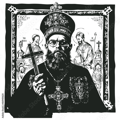 A detailed black and white illustration of an Orthodox priest holding a cross, vector illustration.