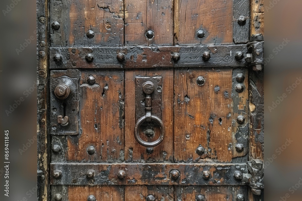 Fototapeta premium Weathered Wooden Door With Iron Straps and Ring Handle