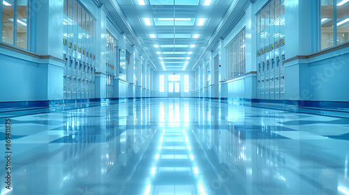 Wallpaper Mural Empty high school lobby with students lockers on both sides and exit door at the background	
 Torontodigital.ca