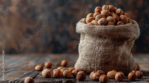 Burlap Sack Filled With Hazelnuts on Wooden Tabletop