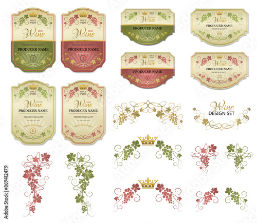 Large set of wine labels. Vector set of labels for wine, bunches of grapes and crown. Design of the wine logo.
