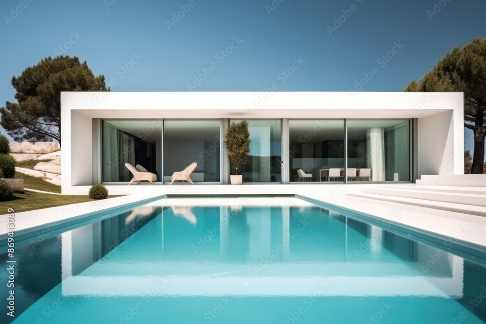 Fototapeta premium The modern white house with the pool in front of the house architecture building outdoors. 