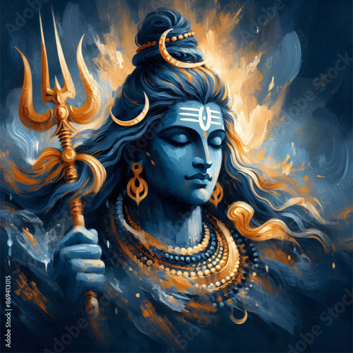 Photos modern blue and golden oil paint brush stroke art of lord shiva sitting with tri