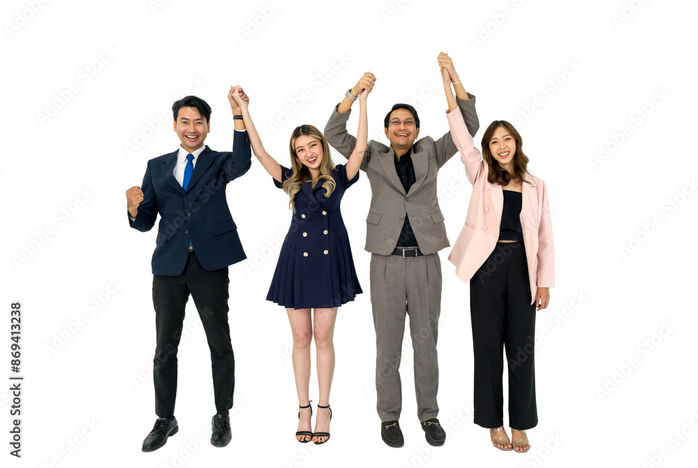 Happy business team making high hands for business teamwork concept, large group of people celebrating. Portrait on white background with studio lighting. Isolated Happy business team making high hands for business teamwork concept, large group of people celebrating. Portrait on white background with studio lighting. Isolated