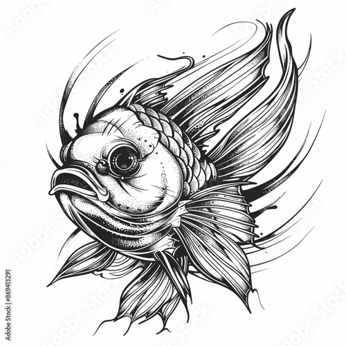 A black and white drawing of a fish with a leaf on its head. The fish has a very detailed and intricate design, with the leaf on its head adding a unique touch
