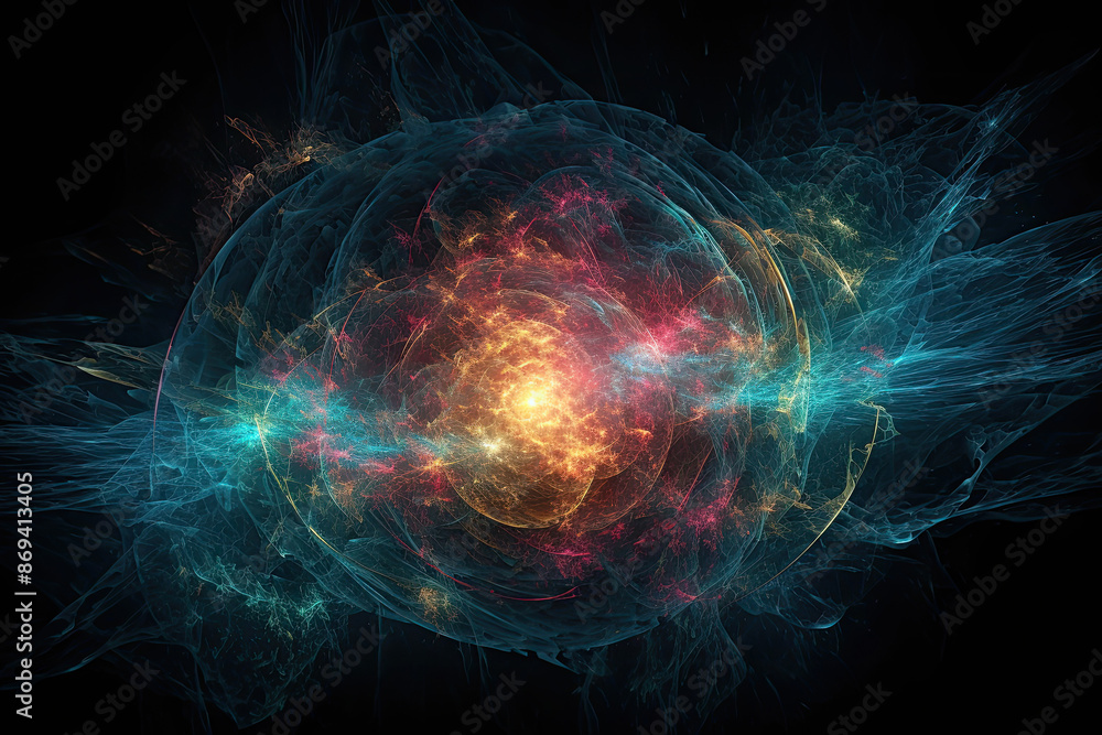 Glowing atom surrounded by swirling energy particles in cosmic theme, black background Glowing atom surrounded by swirling energy particles in cosmic theme, black background