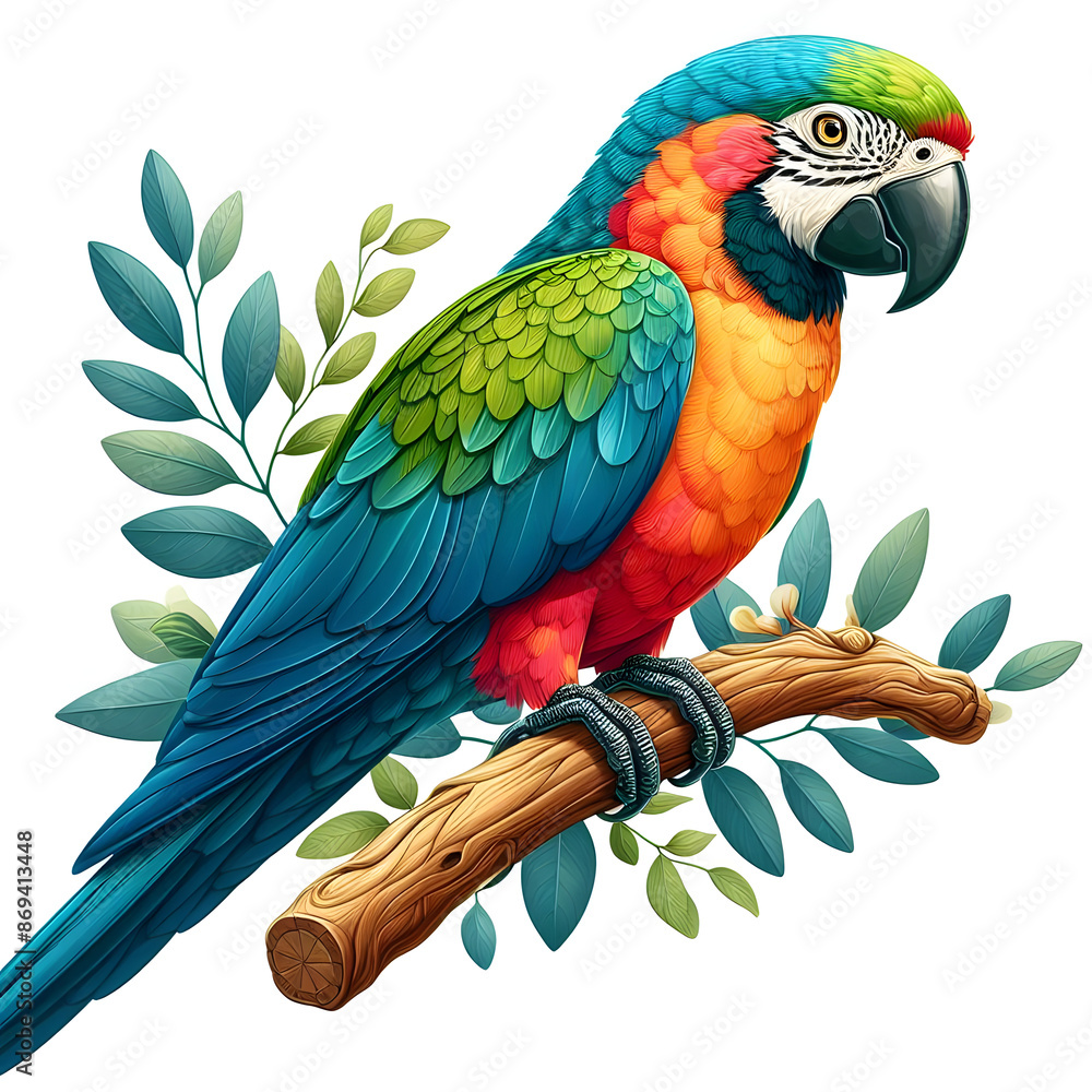 Fototapeta premium colorful parrot perched branch white background