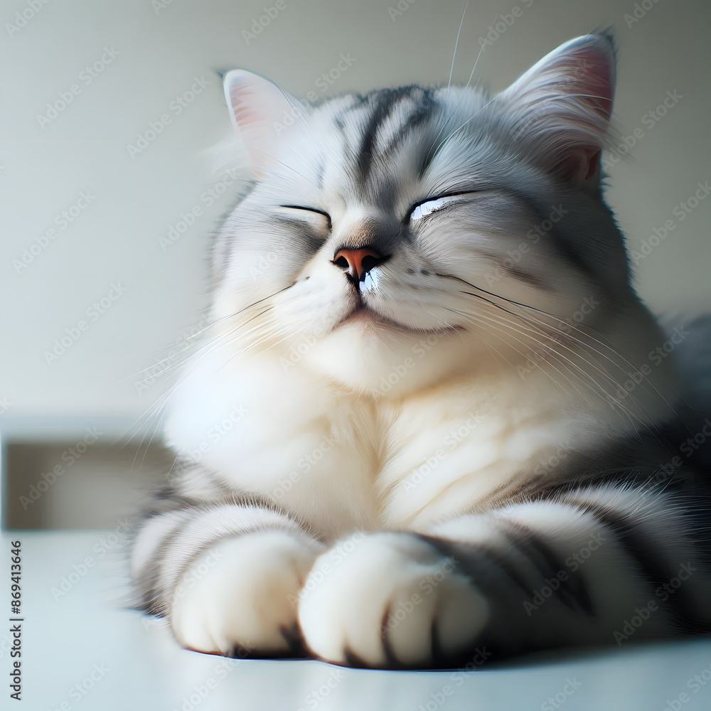 Fototapeta premium relaxed cat lying eyes closed white background