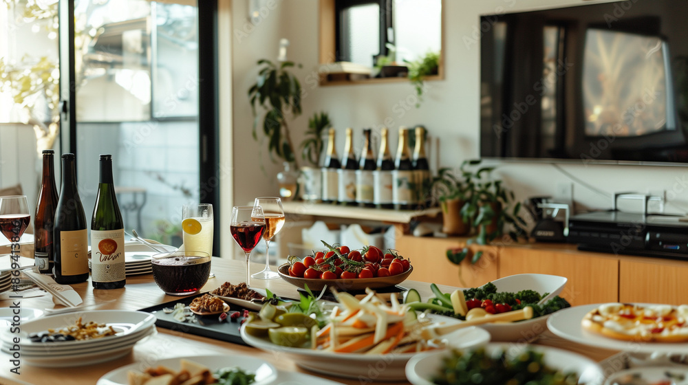 Set festive table with dishes and bottles of wine Set festive table with dishes and bottles of wine