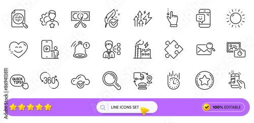 Photo camera, Phone video and Research line icons for web app. Pack of Cut tax, Fast delivery, Reminder pictogram icons. Search mail, 360 degree, Music phone signs. Analytics chart. Search bar. Vector