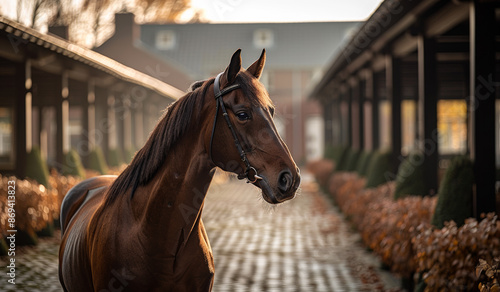 A brown horse is standing in a courtyard with a brick walkway