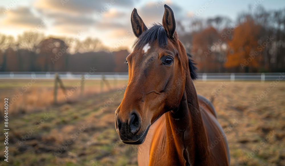 Obraz premium A brown horse is standing in a field with a fence behind it