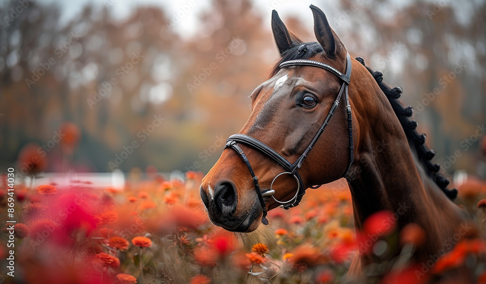 Obraz premium A brown horse with a black bridle stands in a field of red flowers