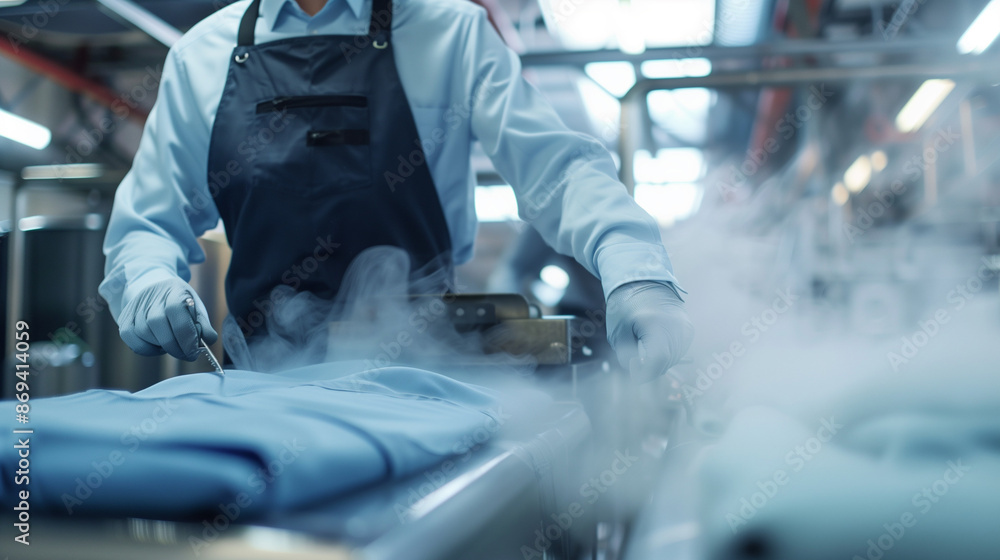 Obraz premium Professional dry cleaning process using steam ironing in a modern plant, ensuring high quality clothing care.
