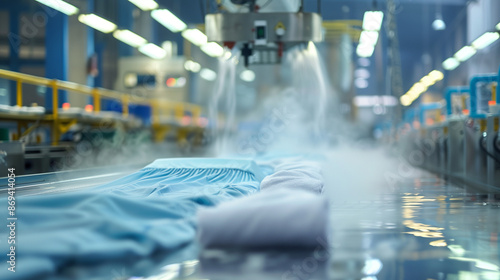 Professional dry cleaning process using steam ironing in a modern plant, ensuring high quality clothing care.
