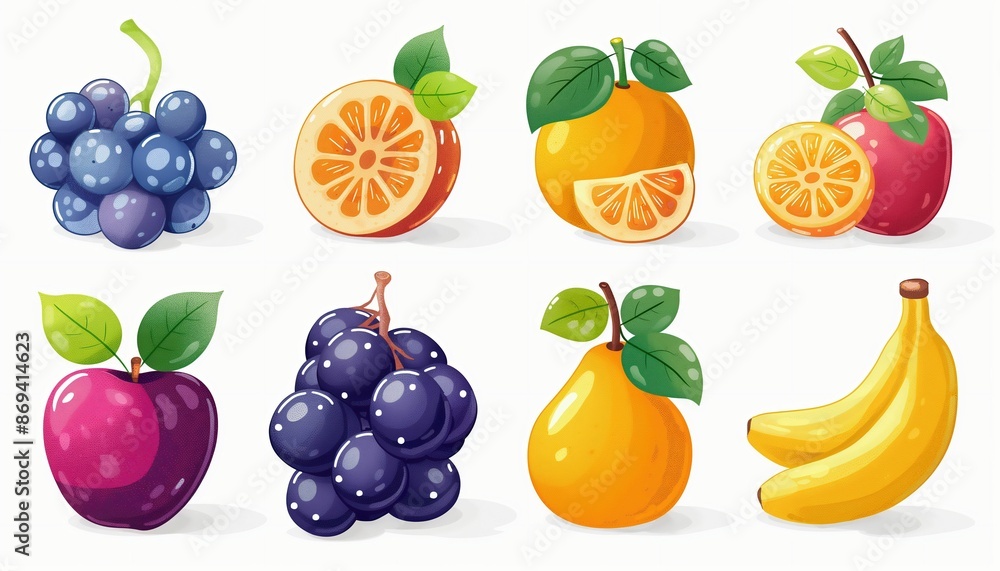 High-res vector cartoon fruit icons: grape, orange, apple, banana, lemon. Illustrated in various artistic styles. High-res vector cartoon fruit icons: grape, orange, apple, banana, lemon. Illustrated in various artistic styles.
