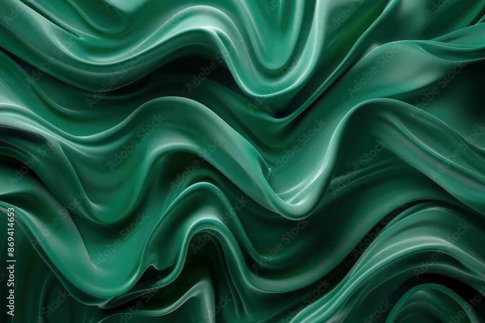 Obraz premium Abstract green wavy background, liquid glass waves, dark emerald and black, luxurious wall art, high-res, elegant, glowing, fluid motion