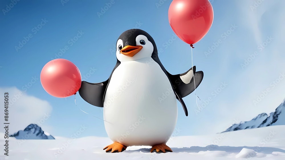 Obraz premium Cute penguin holding a balloon in Antarctica background