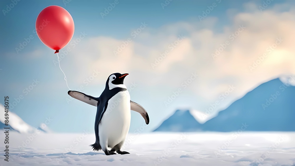 Obraz premium Cute penguin holding a balloon in Antarctica background