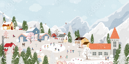 Christmas Background,Winter city landscape people celebration on street in town with snow falling on tree,Vector Cute banner Happy Family,Children having fun in village at night on New Year Eve 2025