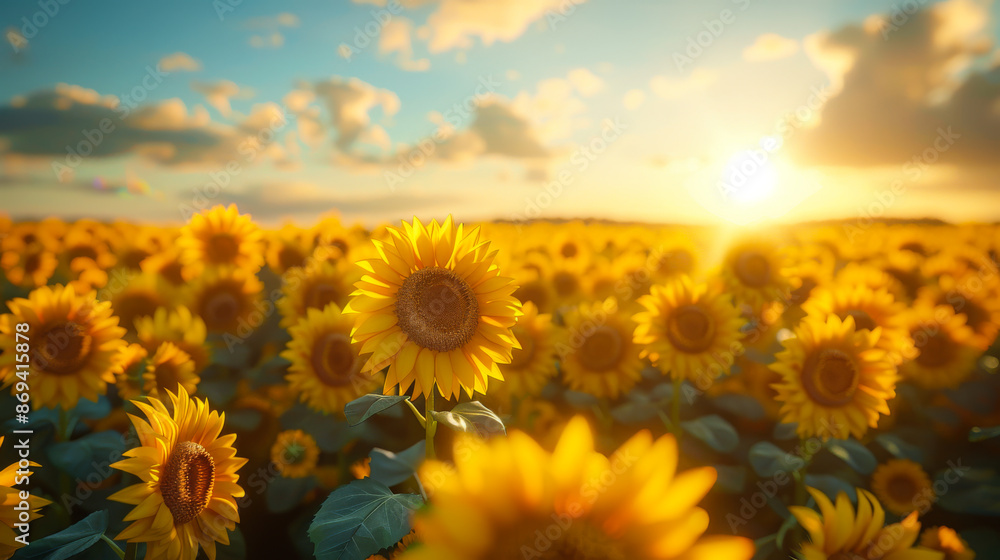 Fototapeta premium Field of ripe sunflowers on a sunset field. On a sunny day, sunflowers on an agricultural field. Agriculture and gardening concept. A bountiful harvest.