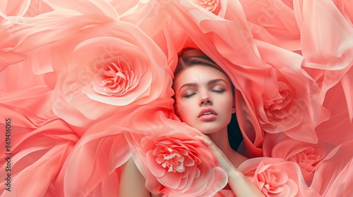 Woman surrounded by flowing pink fabric and flowers photo