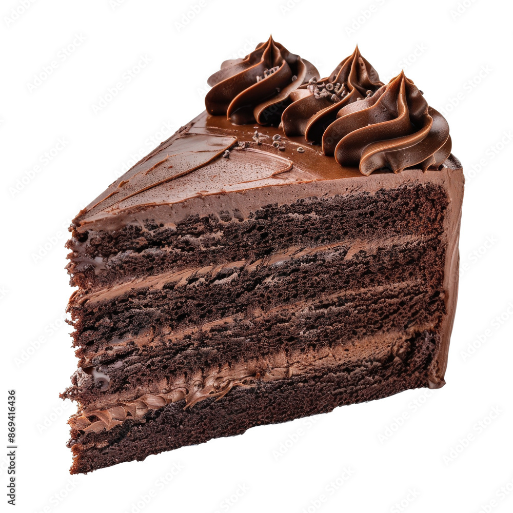 Delicious slice of rich chocolate cake with creamy frosting, perfect for dessert and celebrations, photographed against a white background. Delicious slice of rich chocolate cake with creamy frosting, perfect for dessert and celebrations, photographed against a white background.