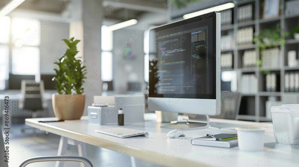 Side view of office interior with simple work desk with laptop and office equipment in blurred home office room background. Side view of office interior with simple work desk with laptop and office equipment in blurred home office room background.
