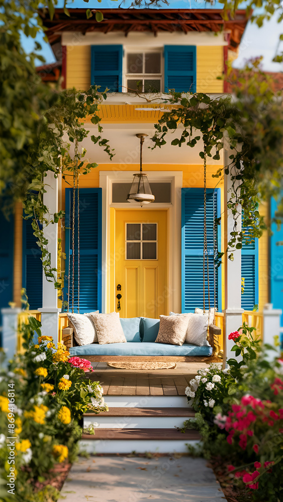 cozy resort yellow house with blue shutters. travel and relaxing concept. Ai generated
