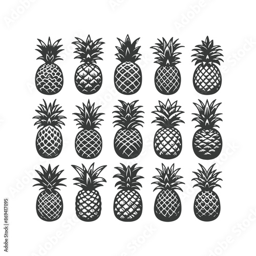  pineapple comosus fruitful isolated on white backdrop. Dark ink hand drawn picture in retro art print style. Vector pineapple fruit silhouettes isolated on white