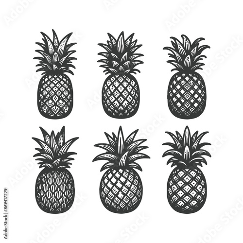  pineapple comosus fruitful isolated on white backdrop. Dark ink hand drawn picture in retro art print style. Vector pineapple fruit silhouettes isolated on white