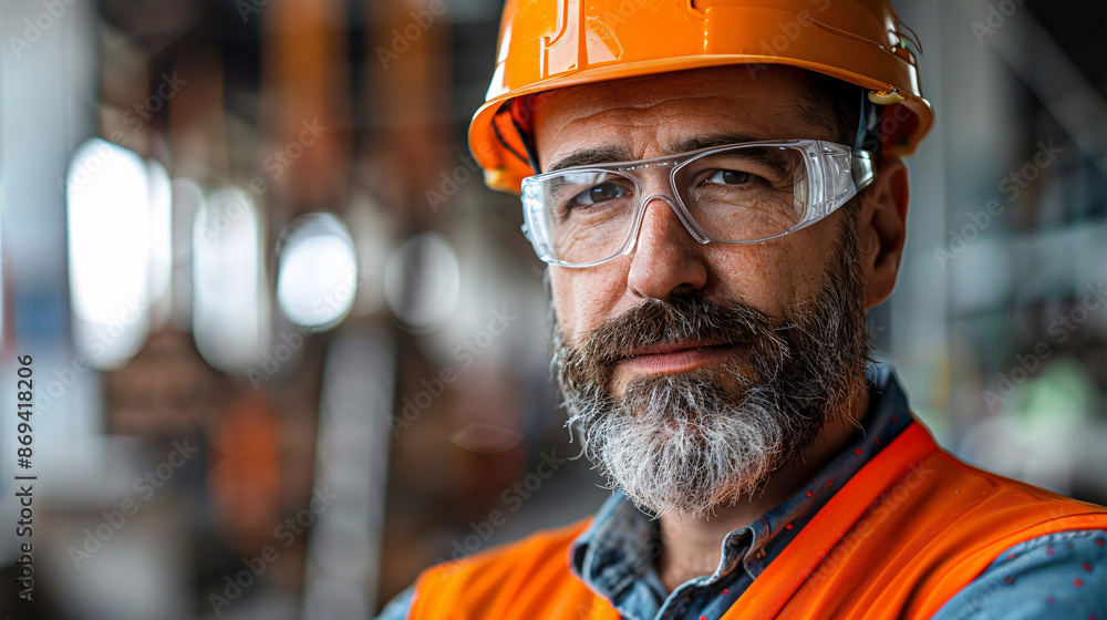 Positive and motivated construction site manager with helmet, looking towards the future on white background Positive and motivated construction site manager with helmet, looking towards the future on white background