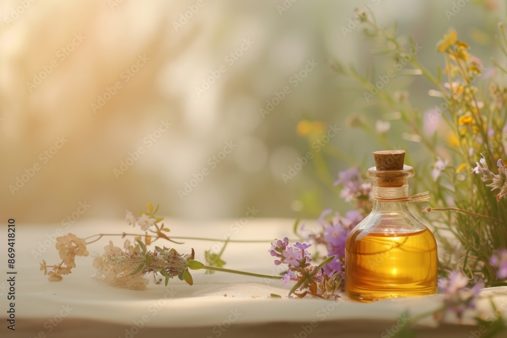 Photo of essential oils perfume bottle plant.