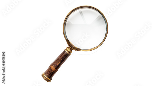 Old fashioned magnifier cutout. Magnifying glass with wooden handle