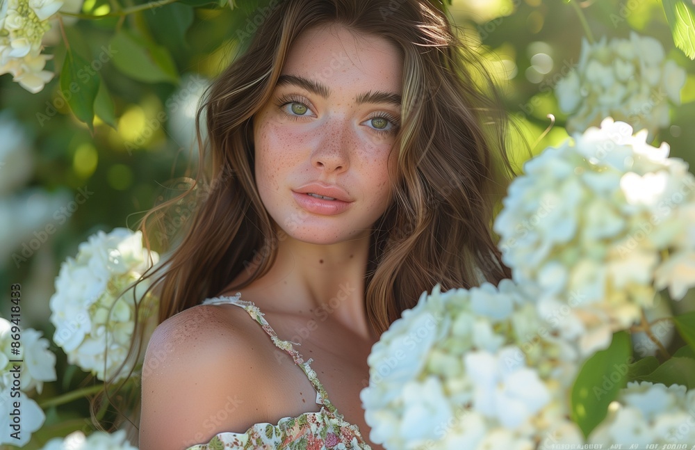 A stunning young woman in a floral dress, holding flowers, posing gracefully in a picturesque setting A stunning young woman in a floral dress, holding flowers, posing gracefully in a picturesque setting