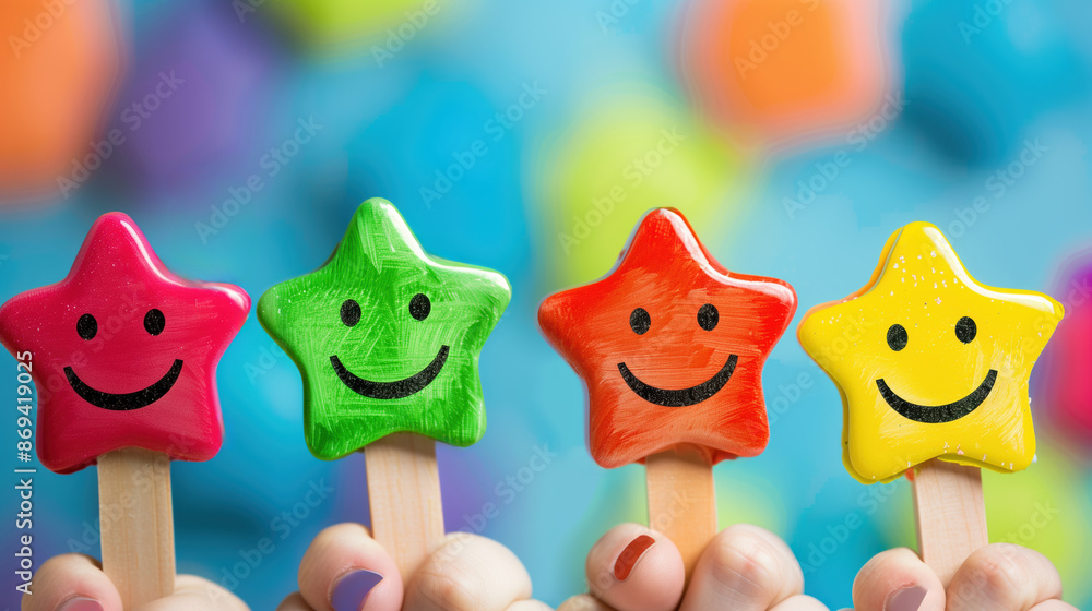 Fototapeta premium Happy Customer Feedback - Smiling Faces, Colorful Rating Stars, Thumbs Up, Cheery Interactions in Customer Service