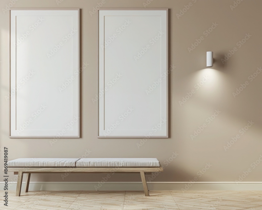 A chic entryway with a light taupe wall, displaying two empty frames side by side, each under a bright spotlight. A chic entryway with a light taupe wall, displaying two empty frames side by side, each under a bright spotlight.